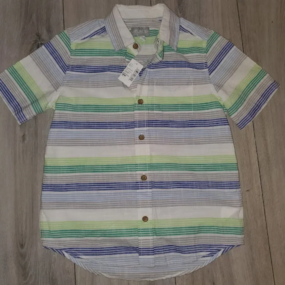 The Children's Place Green Boys Short Sleeve Striped Button Down Shirt S…
